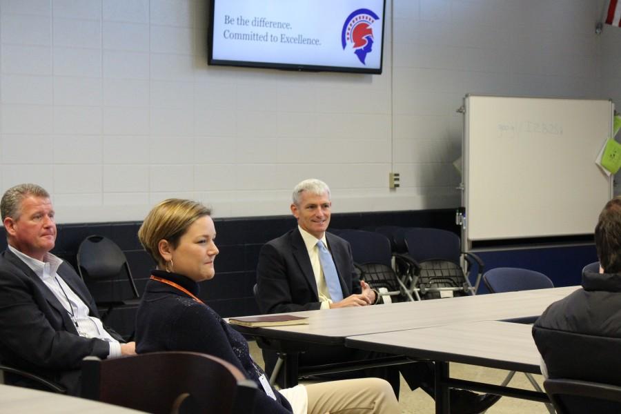 Superintendent Dr. Hansen, Assistant Principal Mrs. Fellmeth, and Marquette President Dr. Lovell during the meet-and-greet on November 9
